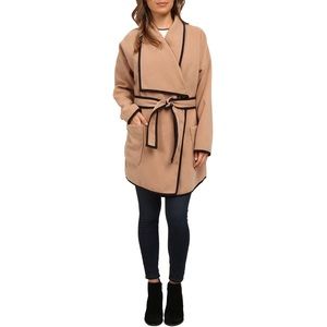Soft Collar Belted Plush Coat in Tan with Black Trim